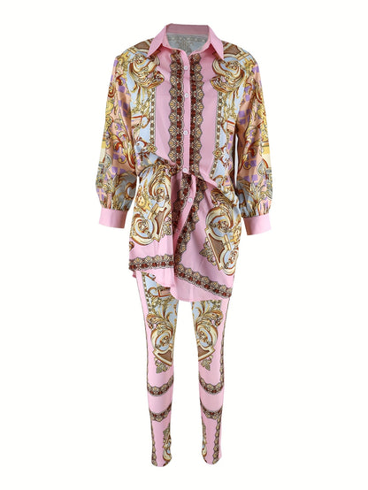 GY029 Vacation Style - Pink Printed Casual Tight Pants - Two-Piece Set for Women - Valentine's Day