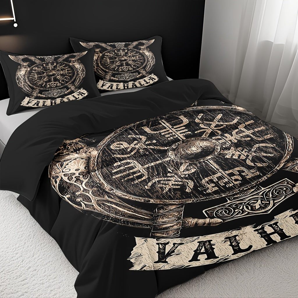 3pcs Comfortable Viking Shield Theme Duvet Cover Set, Soft High-Definition Digital Print, Soft, Breathable 100% Polyester, Perfect Gift, All-Season, Family And Friends Gift, Machine Washable (1 Duvet Cover + 2 Pillowcases, No