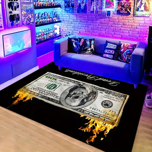 1pc Non-Slip Machine Washable Mat with Bold US Dollar & Flame Design - 100% Polyester Indoor/Outdoor Mat for Entryway, Living Room, Bedroom, Patio, Garden - Multiple Sizes (15x23 to 63x78 Inches) Home Decor, Decorative Floor