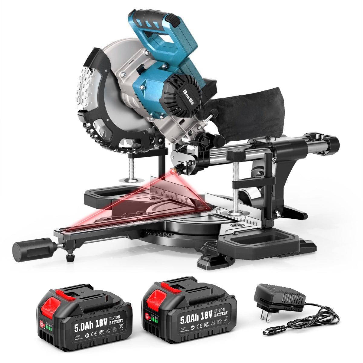 SEESII Sliding Compound Miter Saw: Cordless Electric Miter Saw with Laser Guide, 8-Inch, 2 * 5000mAh Batteries, Single 45° Angle, 24T TCT Blade, Max Cutting 2.5*12 Inches, Perfect for DIY and Woodworking, Miter Saws For Wood