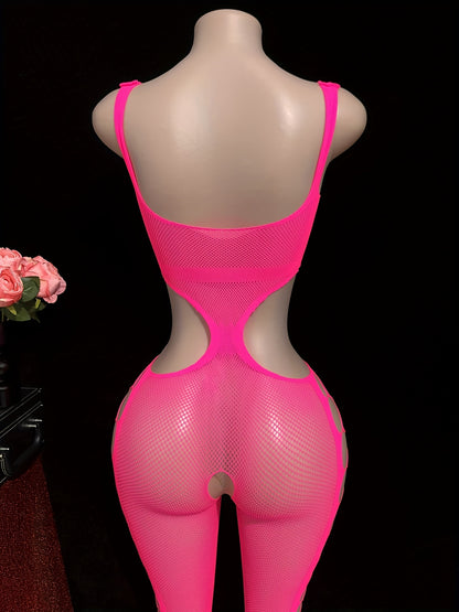 Women's Plus Size Sexy Strapless Halter Jumpsuit - Sheer Mesh Bodysuit with Exposed Waist & Thigh Slit, High-Stretch Pink/Black Stretchy Outfit for Parties, Nightclub, Semi-Formal Wear (Hand Washable) - One-Piece Swimsuit,
