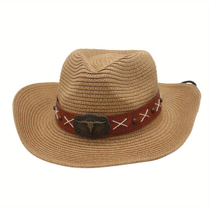 Men Women Straw Cowgirl Hat Wide Brim Stylish Bull Head Leather Belt Design Western Cap for Beach Daily Life Party