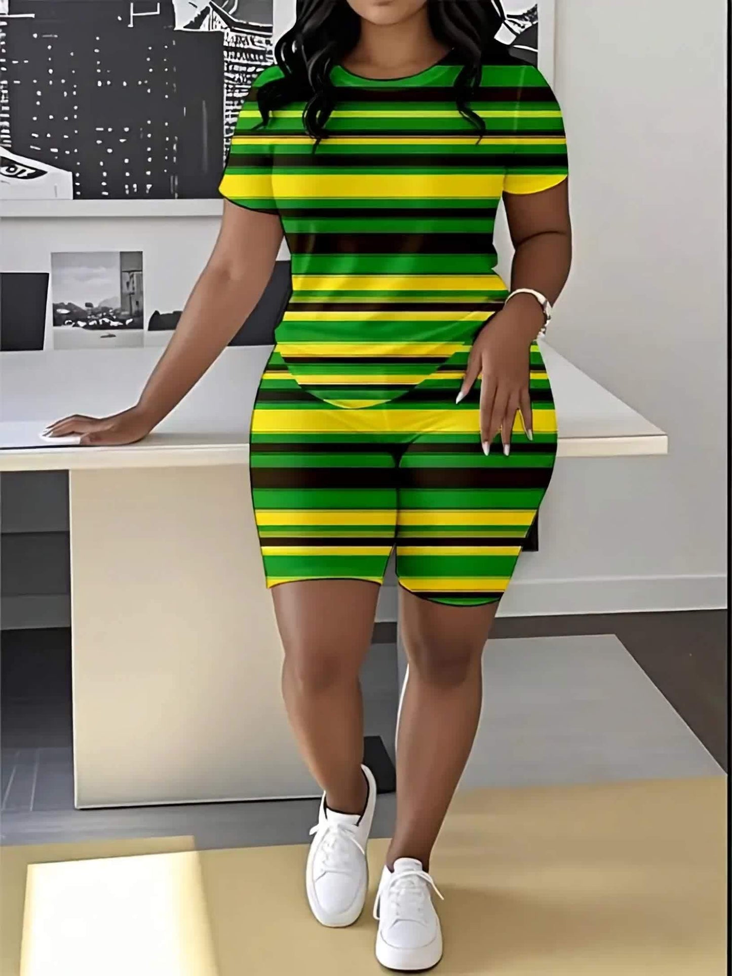 Women'S Summer Casual Two-Piece Set - Color Block Striped Round Neck Short Sleeve Top & Shorts, Polyester Blend, Machine Washable