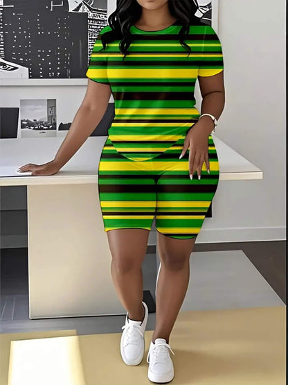 Women'S Summer Casual Two-Piece Set - Color Block Striped Round Neck Short Sleeve Top & Shorts, Polyester Blend, Machine Washable