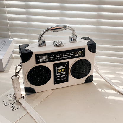 Women's Crossbody Bag with Vintage Boombox Design - Messenger Purse, Chain-like Hardware, Compact Everyday Bag for Women (Black/Red) - Retro '00s Nostalgia Shoulder Bag, Crossbody Purse, Sturdy Strap Design