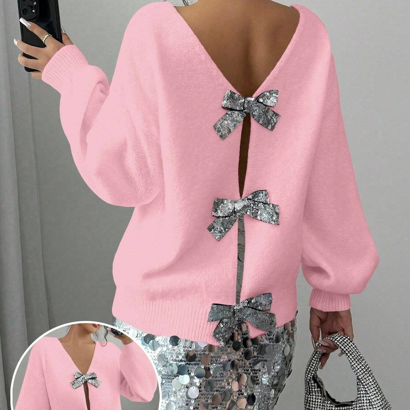 French-Style Sequin Bow-Adorned Loose-Fit Cardigan Sweater with Button Front Placket - Winter Warm Blouse, Casual Elegant Outerwear for Parties Weddings Daily Wear