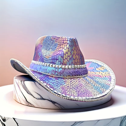 HONGLUAN Sparkly Rhinestone Cowboy Hat for Women & Men - Shiny Purple Iridescent Western Hat with Wide Brim, Multicolor (Pink/Blue/Purple/Green) Bling Design, Durable for Country Parties, Music Festivals, Halloween, Christmas