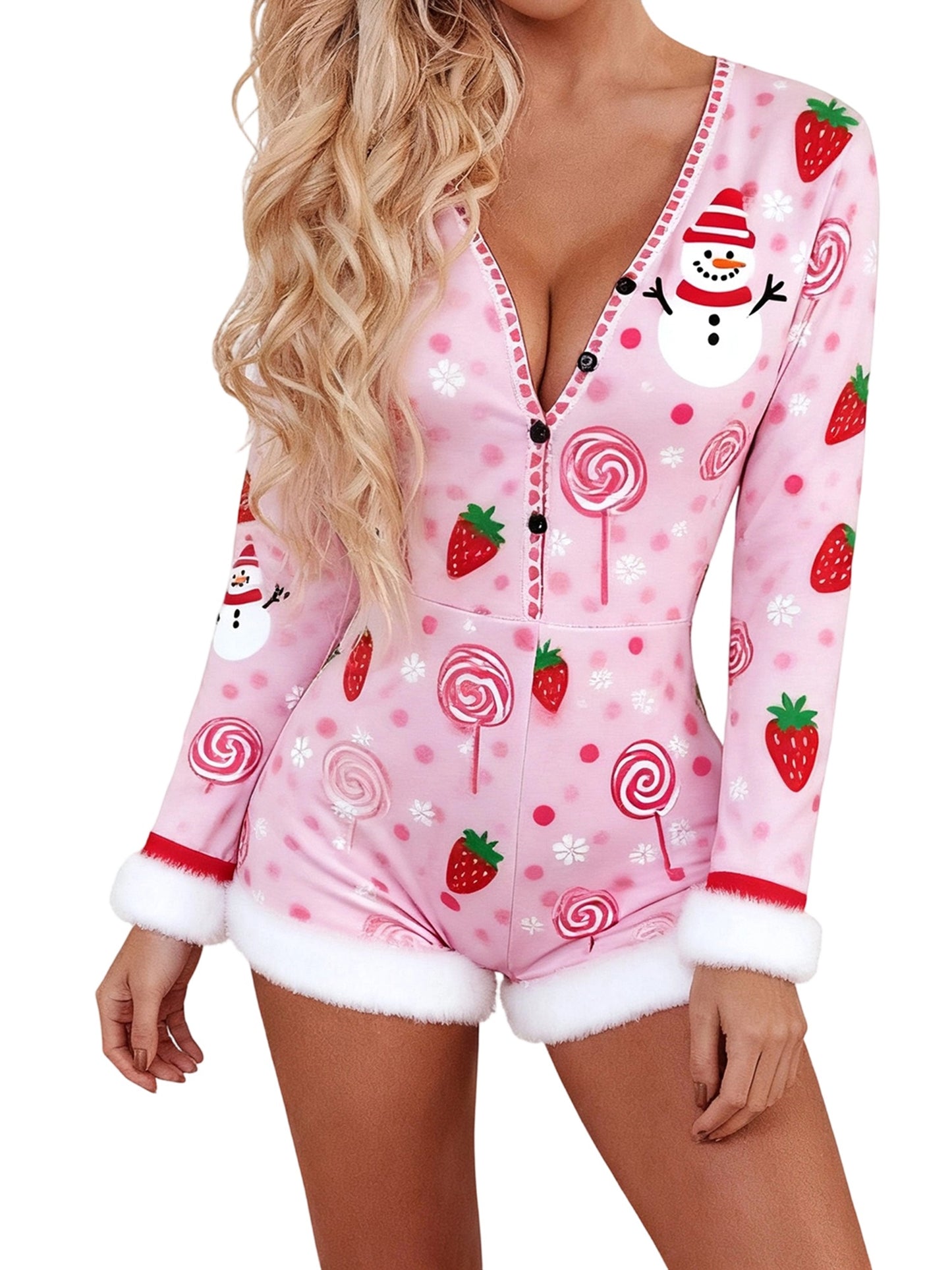 Women'S Christmas Romper Pajamas - Festive Snowman & Candy Cane Print Long Sleeve V-Neck Jumpsuit with Raw Edge Trim, Soft Stretch Fabric Slim Fit Coquette Style Holiday Party Outfit, Y2K Winter Sleepwear & Lounge Wear for Ad