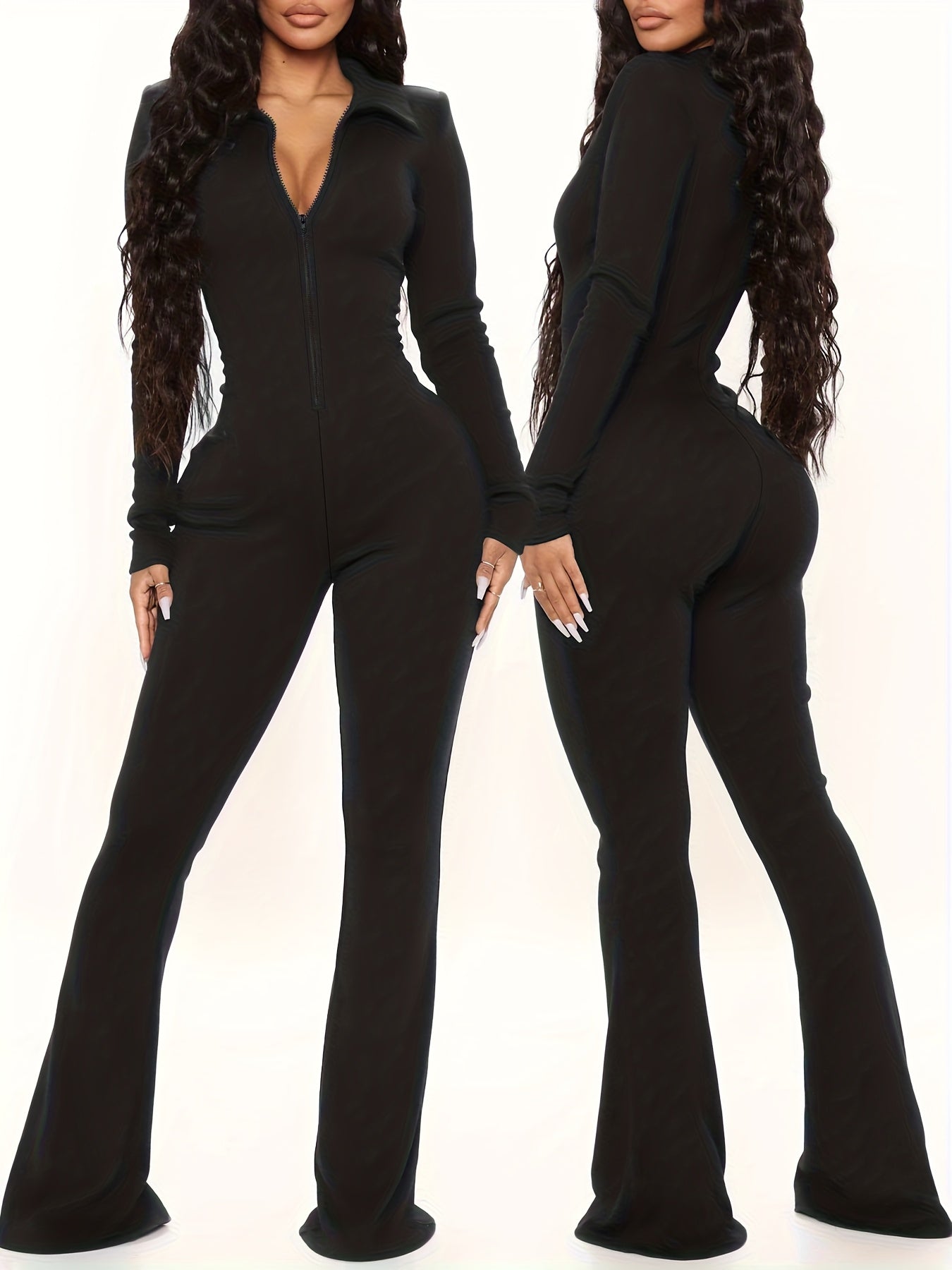 Slim-fit Flared Pants Long Sleeve Half Zipper Collar Onesie | Women'S Autumn and Winter Commuter Fashion Wear, Elegant Solid Color Style