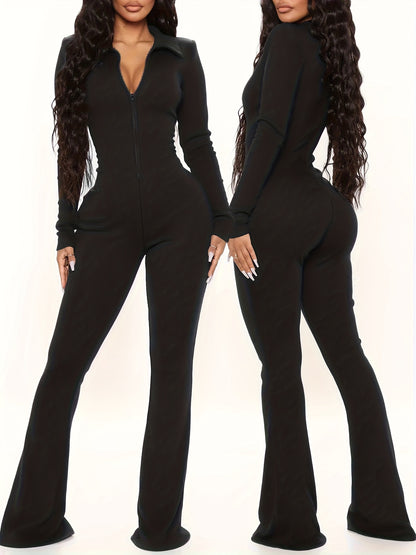 Slim-fit Flared Pants Long Sleeve Half Zipper Collar Onesie | Women'S Autumn and Winter Commuter Fashion Wear, Elegant Solid Color Style