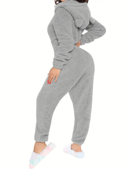 Women's Hooded Bear Ears Plush Onesie Pajamas Loungewear, Home Loungewear, Sleepwear for Women, Playful Pajamas, Cute Onesie, Machine Washable, Durable Sleepwear, Fullbody Sleepwear, Plush Sleep Suit, Cozy Home Wear, Adult Wo