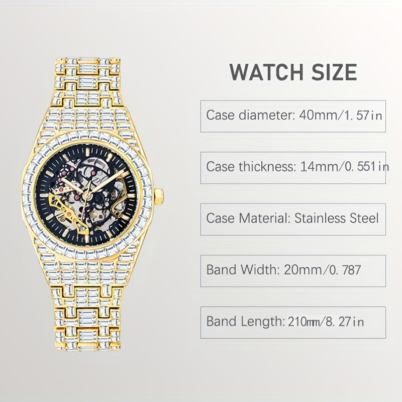 Automatic Hollow Mechanical Watch Men'S Tourbillon Mechanical Watch Luxury All Rhinest Glass Transparent Bottom Men'S Watch Gift, Without Battery