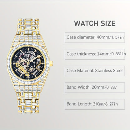 Automatic Hollow Mechanical Watch Men'S Tourbillon Mechanical Watch Luxury All Rhinest Glass Transparent Bottom Men'S Watch Gift, Without Battery
