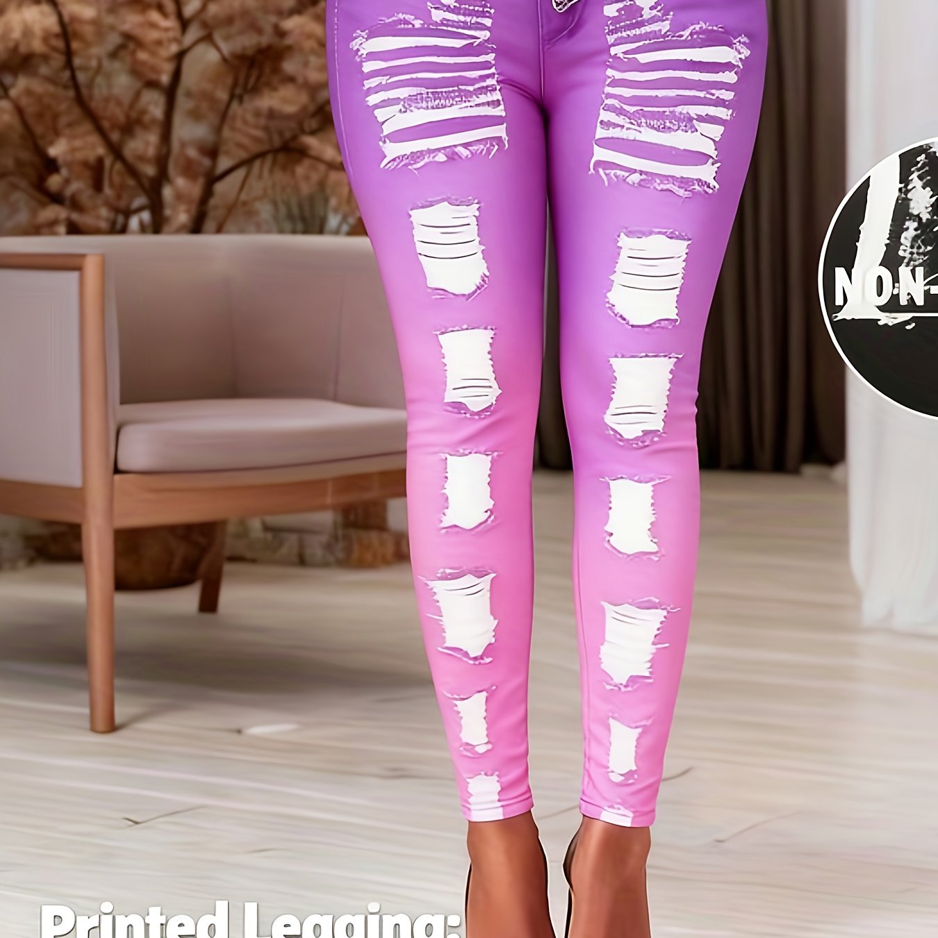 [Printed Pants - Not Denim Fabric] Printed Legging - Not Denim Fabric - Christmas Plus Size Women's Digital Print Denim-Look Leggings, Stretch Polyester, All-Season Casual Slim-Fit Pants, Regular Fit, Adult Sizes, Machine Was