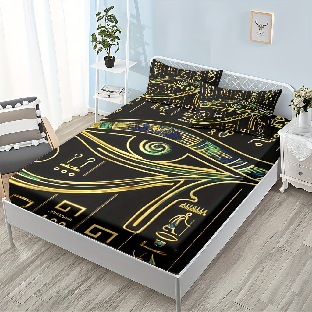 3pcs Comfortable Egyptian Hieroglyphics Theme Bed Fitted Sheet Set - Soft High-Definition Digital Print, Soft, Breathable 100% Polyester, Perfect Gift, All-Season Family And Friends Gift