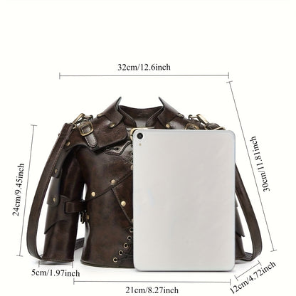 Punk Vintage Style Crossbody Bag Gothic Rivet Crossbody Bag - Double Zipper Pockets, with Adjustable Shoulder Strap, Dark Industrial Medieval Style, Armor Shaped Street Single Shoulder Bag for Men and Women