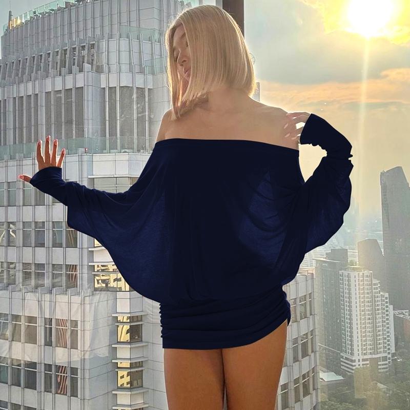 Women'S Sexy Off-the-Shoulder Long Sleeve Mini Dress - Solid Color Sheer Panel Party Clubwear, European & American Inspired Pleated Bandeau Dress for Spring/Autumn, Casual to Night Outfits, 2025 New Arrival (Sexy Off-Shoulder