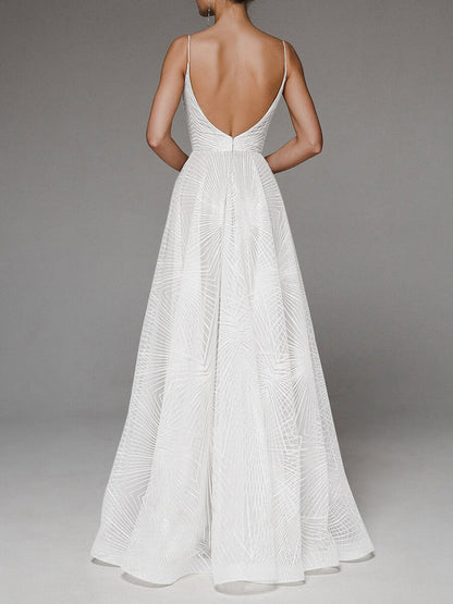 Geometric Beaded Spaghetti Strap V-Neck Flared Wedding Dress, Lightweight Tulle Fitted Gown, Simple and Elegant Style