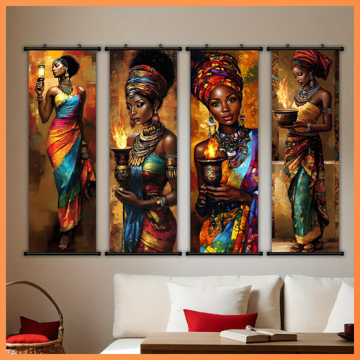 2D Flat, 2D/FLAT - 4pcs Vibrant African Tribal Art Wall Decor Set with Plastic Hooks, Easy to Hang – Perfect for Bedroom, Office, Living Room, Café Wall Decoration in Halloween Style, Halloween Wall Art, Indian Home Decor
