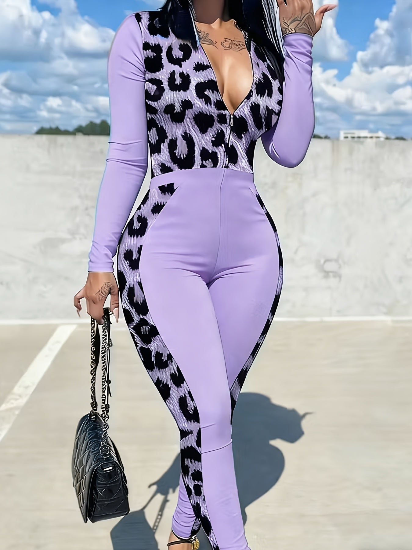 Plus Size, Fashion Women's Clothing | Women's Zip - Up Jumpsuit Set | Bright Green with Black Leopard Print Patchwork | Long Sleeve Full - Zip Design | Slim Fit | Suitable for Daily Outings & Multiple Occasions