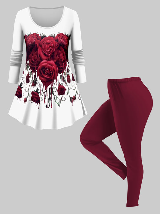 Fashion High-End Red Rose Print Top And Clear Color Pants 2pcs Set