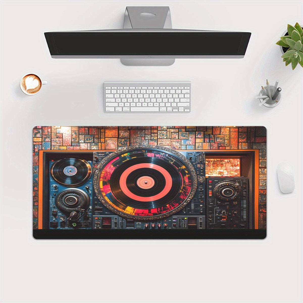 1pc XXL Large DJ Turntable Design Desk Mat - Realistic DJ Equipment Replica with Vinyl Records & DJ Mixer Layout, Non-Slip Gaming/Office Computer Keyboard & Mouse Pad for PC Gamers, Music Producers, DJ Setup Accessories, Comp