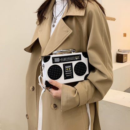 Women's Crossbody Bag with Vintage Boombox Design - Messenger Purse, Chain-like Hardware, Compact Everyday Bag for Women (Black/Red) - Retro '00s Nostalgia Shoulder Bag, Crossbody Purse, Sturdy Strap Design