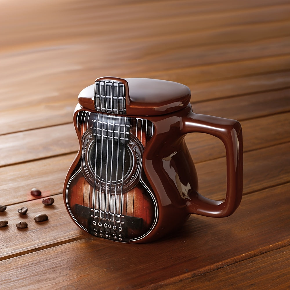 Guitar-Shaped Ceramic Mug - Large 500ml Music-Themed Coffee Cup with Spanish Lyre & Guitar Tab Design, Freezer- Lid, Hand Wash Only - Gift for Musicians, Musically-Inspired Drinkware for Home, Office, Dorm (Guitar Pick Accent