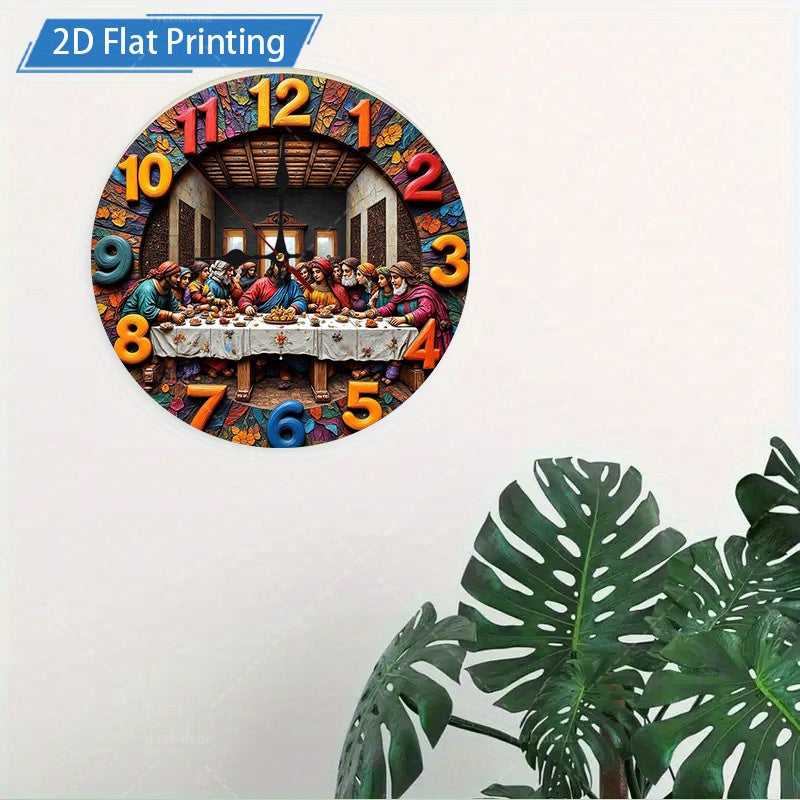 1 Piece Christmas Decoration Wooden Wall Clock, 2D The Last Supper Design - Large Round Silent, Religious, Leonardo da Vinci Inspired The Last Supper Art, Suitable for Home, Church, Office Decoration - Unique Gift for Christi