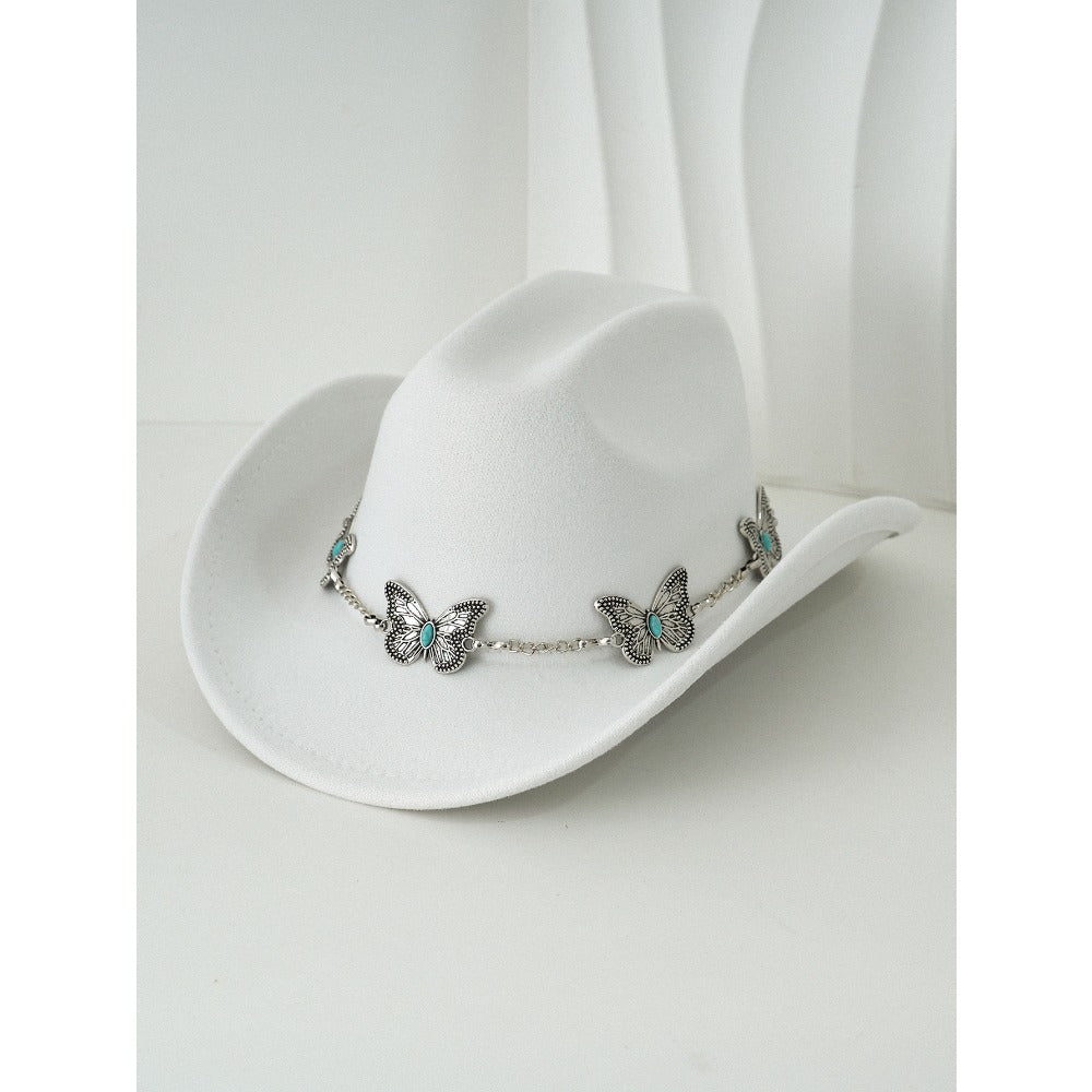 Women'S Bohemian Turquoise & White Cowboy Hat - Felt Wide Brim Sun Hat with Butterfly Metal Chain Accent, Non-Stretch Formal & Western Style for Christmas, Festivals, Casual Attire - Hand Washable Elegant Felt Cowboy Cap, Cow