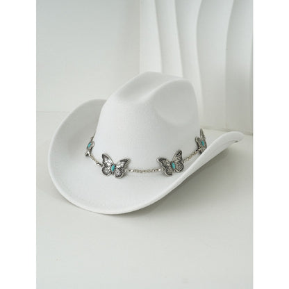 Women'S Bohemian Turquoise & White Cowboy Hat - Felt Wide Brim Sun Hat with Butterfly Metal Chain Accent, Non-Stretch Formal & Western Style for Christmas, Festivals, Casual Attire - Hand Washable Elegant Felt Cowboy Cap, Cow