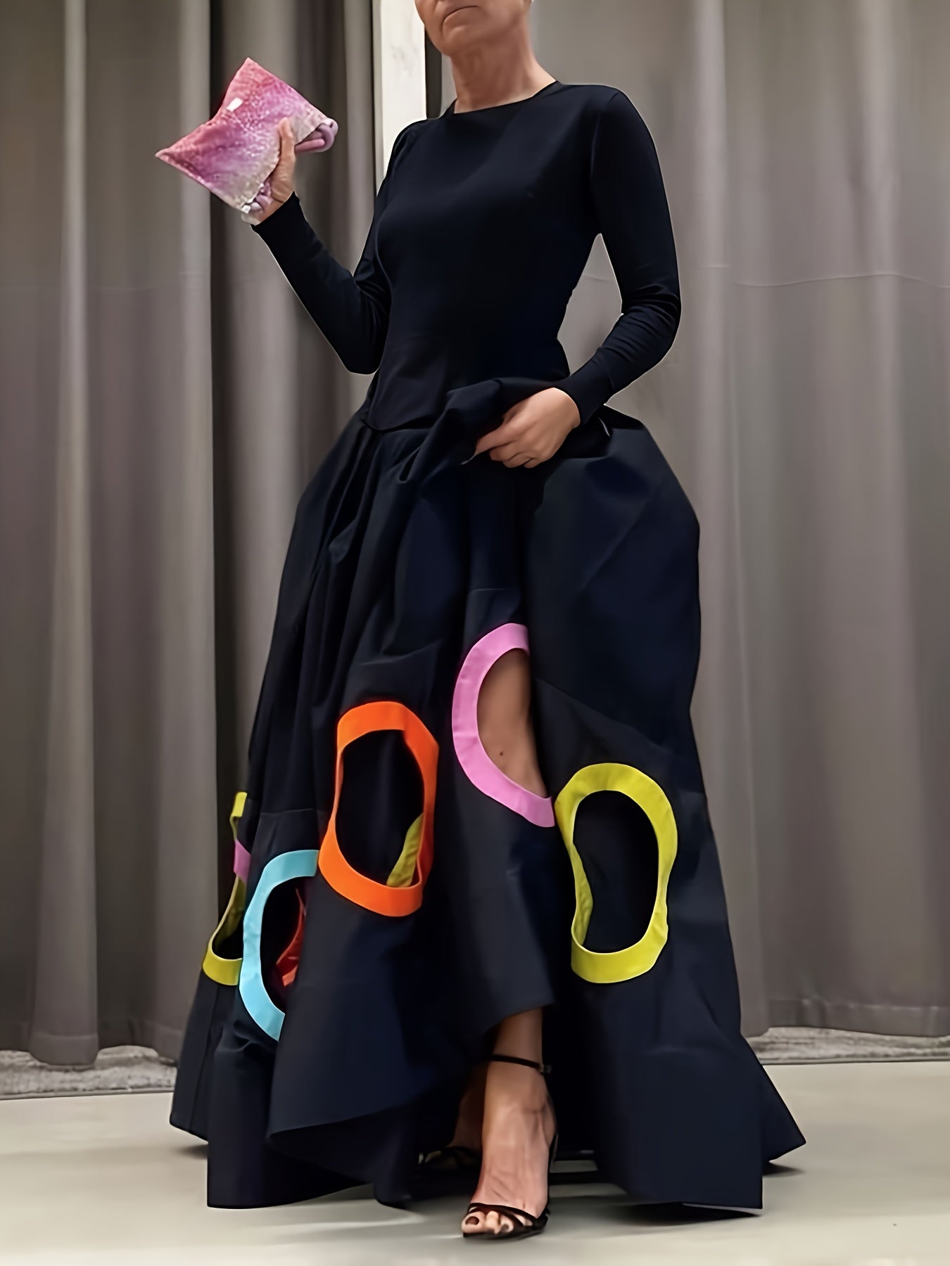 Women's Elegant A-Line Maxi Dress - Long Sleeve Hollow Round Neck Loose Fit Dress Suitable for Weddings, Parties, Banquets | Fall Winter Wedding Guest Gown