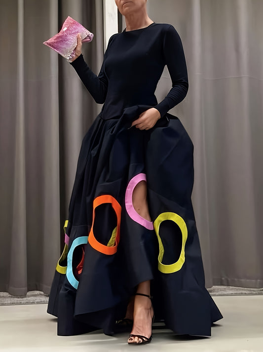 Women's Elegant A-Line Maxi Dress - Long Sleeve Hollow Round Neck Loose Fit Dress Suitable for Weddings, Parties, Banquets | Fall Winter Wedding Guest Gown