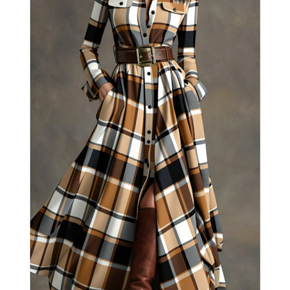 Women'S Brown, White, Black & Gray Plaid Waist-Cinched Maxi Dress | Retro Modern Style, Suitable for Daily Streetwear, Luxury Social Events, and Casual Occasions