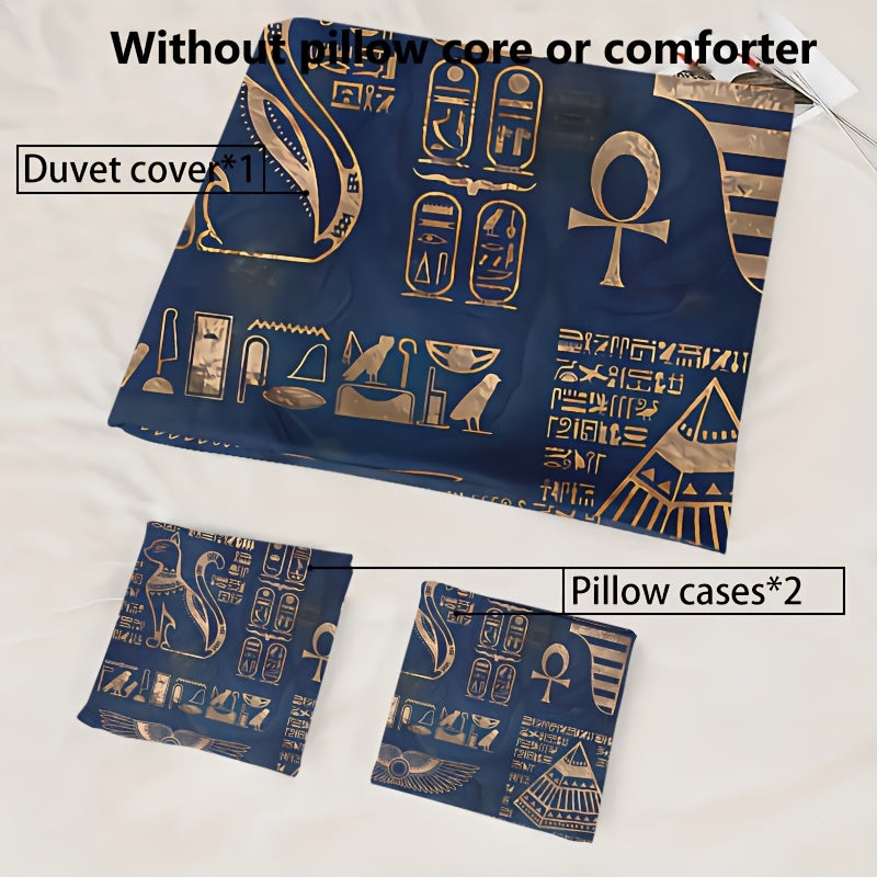 Ancient Egyptian Symbols Duvet Cover Set - Soft High-Definition Digital Print, Blue Polyester, Includes Duvet Cover And Pillowcases, All-Season Use, Perfect Gift For Family And Friends, Machine Washable, Easy Care