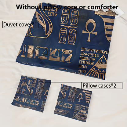 Ancient Egyptian Symbols Duvet Cover Set - Soft High-Definition Digital Print, Blue Polyester, Includes Duvet Cover And Pillowcases, All-Season Use, Perfect Gift For Family And Friends, Machine Washable, Easy Care