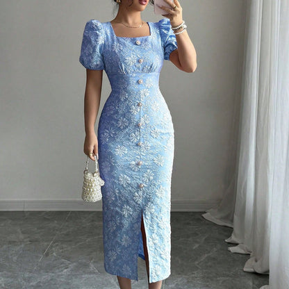 Women's Elegant Square Neck Formal/Party/Casual dress - Waist-Cinching A-Line Midi with Back Zipper, Non-Stretchy Fabric for Wedding, Evening, Vacation - Machine Washable Evening Gown