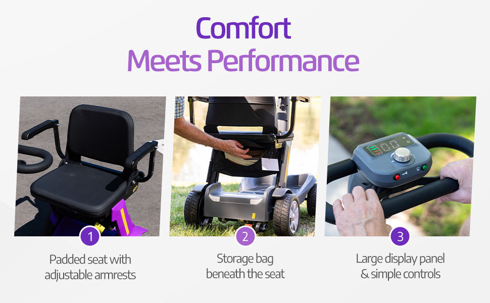 Foldable Mobility Scooter for Adults & Senior, 4 Wheels Powered Device for Travel, Lightweight and Portable, with LED Strip Light, Storage Bag, Charger Included, No Assemble Required