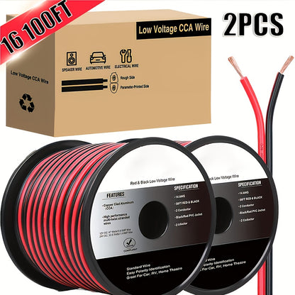 100Ft 16Awg Copper Clad Aluminum Wire | 16/2 Gauge Red Black Cca Electrical Cable, 2 Conductor Parallel, 12V/24V Dc Flexible Extension Cords For Car Audio Radio Speaker Amplifier | Brand: Nilight
