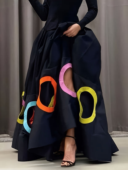 Women's Elegant A-Line Maxi Dress - Long Sleeve Hollow Round Neck Loose Fit Dress Suitable for Weddings, Parties, Banquets | Fall Winter Wedding Guest Gown