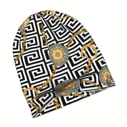1pc Designer Beanie Hat for Men - Retro Geometric Pattern Skull Cap with Golden Accents, Soft Stretchy Elastic Band, Trendy Casual Winter Hat, Perfect Gift for Him, Comfortable Headwear, Cold Weather Accessory, Fashionable He
