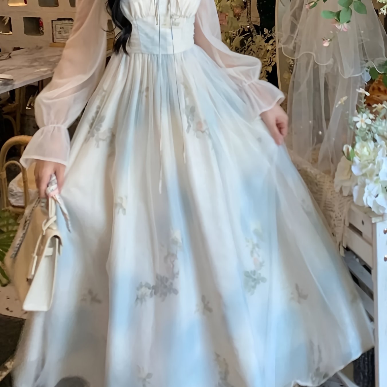 Elegant Julie French New Style Dress | Mint Temperament, Gentle Tulle with Cloud Print, Tie Waist Design, Off the Shoulder, Perfect for Spring/Summer/Fall