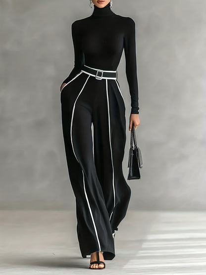 Women's Two-Piece Set: High-Neck Long-Sleeve Top with Contrast Straight-Leg Pants Featuring Pockets and Belt, Elegant and Versatile Design for Autumn/Winter Commuting