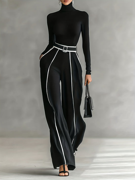Women's Two-Piece Set: High-Neck Long-Sleeve Top with Contrast Straight-Leg Pants Featuring Pockets and Belt, Elegant and Versatile Design for Autumn/Winter Commuting