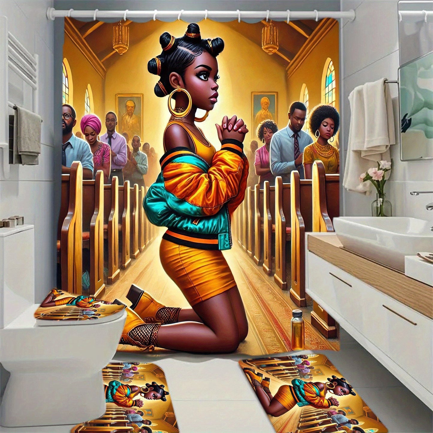 1/4 Shower Curtain Set - Christian Church Prayer Scene with Golden Pews, Non-Slip Bath Mat & Toilet Seat Cover, Machine Washable Bathroom Decor - Religious Bathroom Decoration for Christmas, Thanksgiving, Easter - Spiritual G