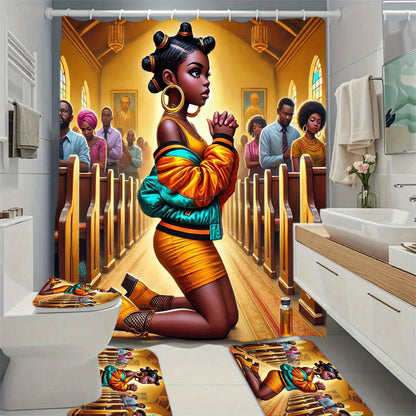1/4 Shower Curtain Set - Christian Church Prayer Scene with Golden Pews, Non-Slip Bath Mat & Toilet Seat Cover, Machine Washable Bathroom Decor - Religious Bathroom Decoration for Christmas, Thanksgiving, Easter - Spiritual G
