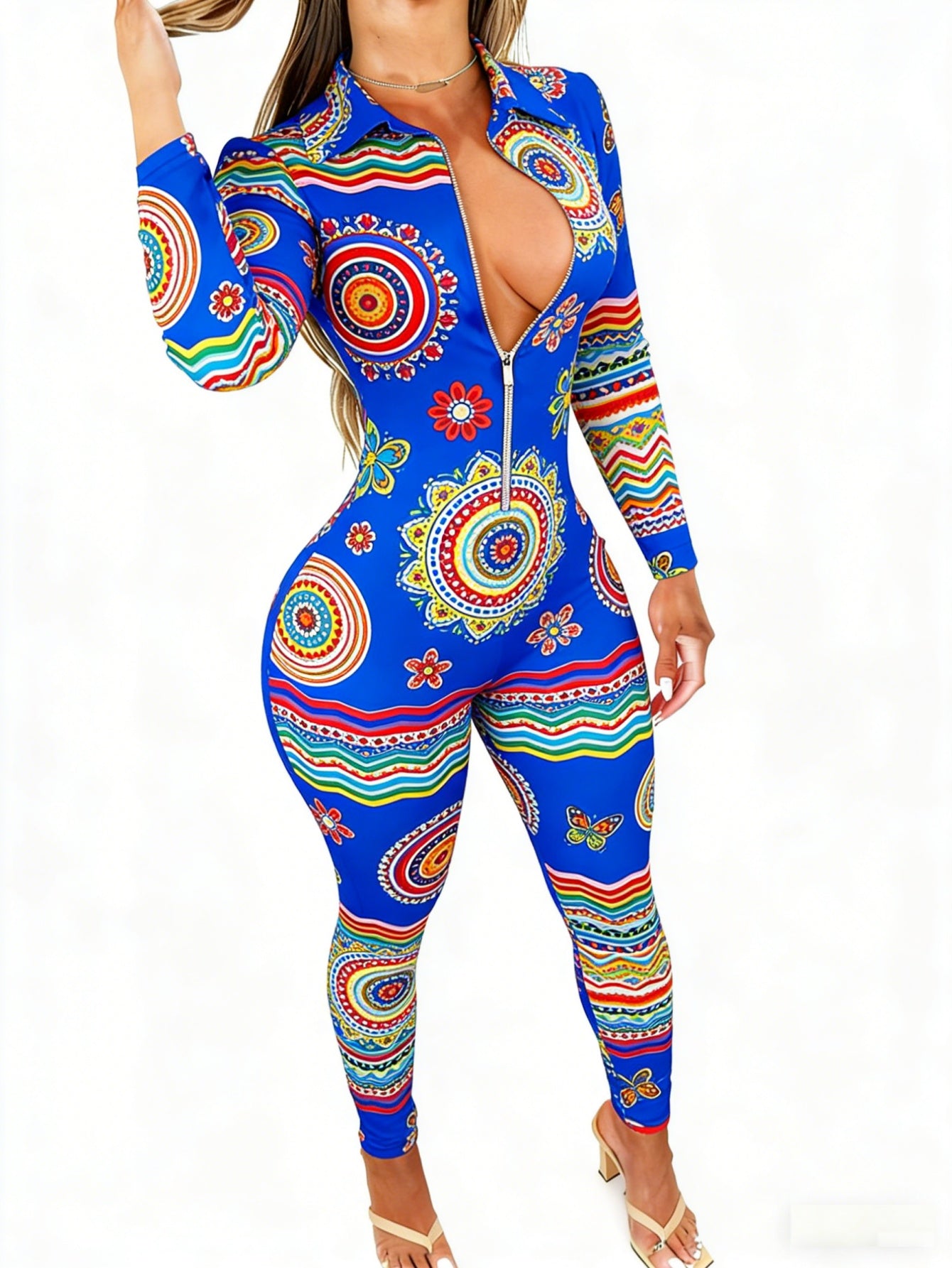 Women' Elegant Full-Body Animal Print Jumpsuit - Slim-Fit Front Zipper Collar -Piece Suit, Machine Washable -Season Wear for Party Wedding Date Outfits (Non-) - Year-Round Versatile Attire for