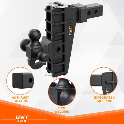 Class 3 Heavy Duty Adjustable Trailer Hitch with Hook - Tri-Ball 1-7/8" 2" 2-5/16" Tow Ball Mount, 6"/8" Drop Hitch, 17000 LBS GTW for Trucks - Universal Fit, Easy Installation & Solid Ball Mount