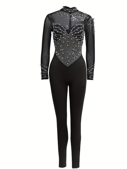 Elegant Women'S Black Jumpsuit with Pearl And Rhinestone Embellishments, Featuring Sheer Mesh Long Sleeves for Evening Events