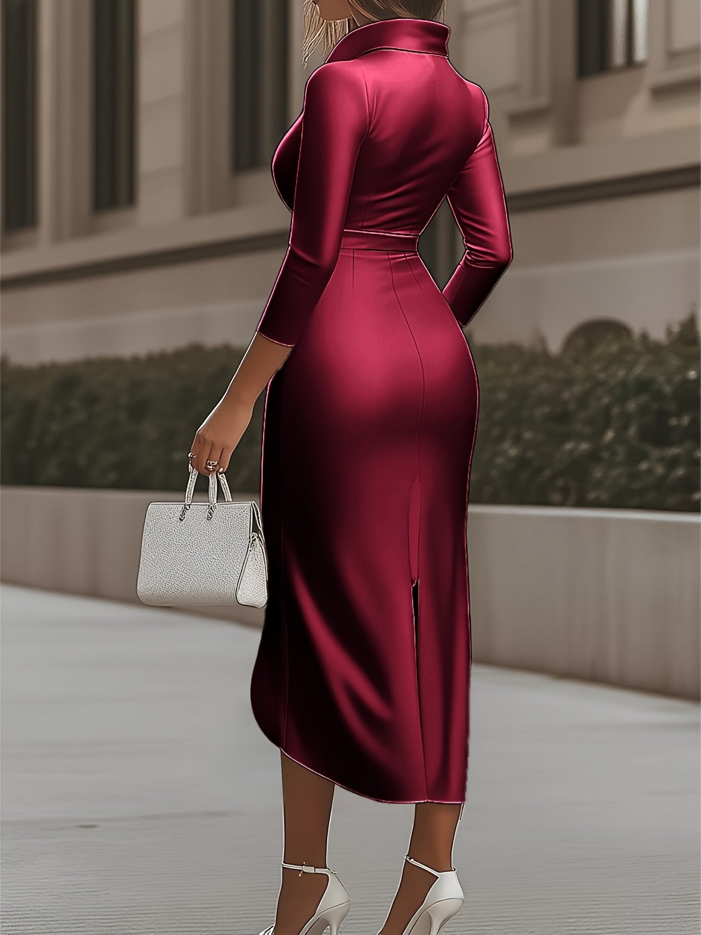 White Satin Deep V - neck Dress, Autumn & Winter Mid - sleeve High - waist Style, Asymmetric Hem, Suitable for Workplace Commute & Dinners